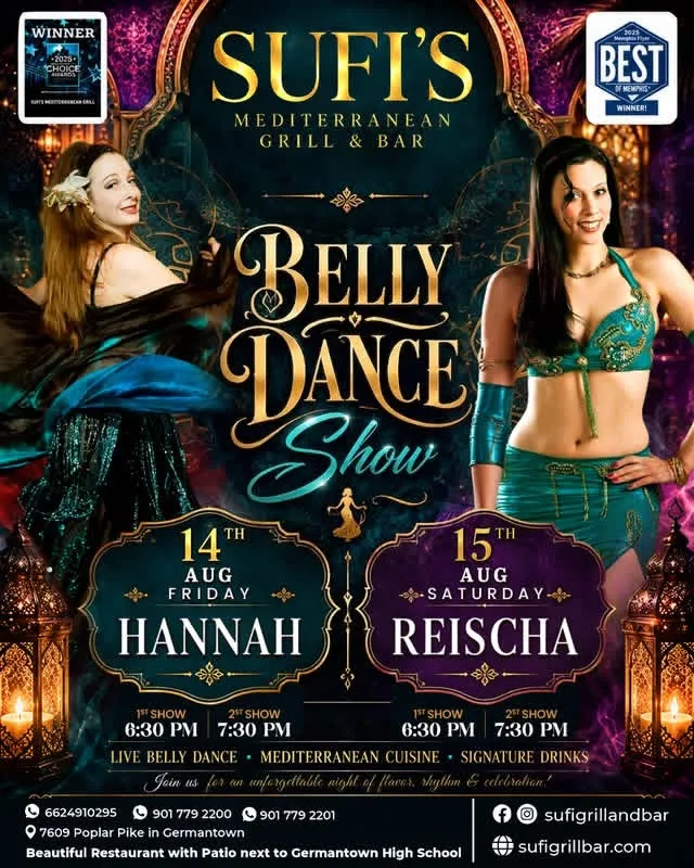 Sufi's Mediterranean Grill &amp; Bar belly dance show flyer featuring Hannah and Reischa